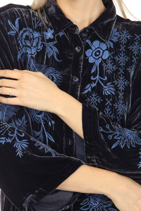 Johnny Was JWLA Azure Velvet Embroidered Kimono Sleeve Shirt Chic J14022