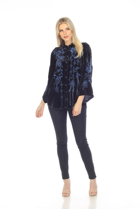 Johnny Was JWLA Azure Velvet Embroidered Kimono Sleeve Shirt Chic J14022