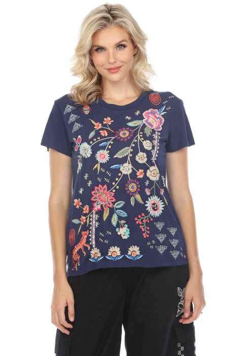 Johnny Was JWLA Style J10023 Navy Griffin Embroidered Easy Fit Tee Boho Chic