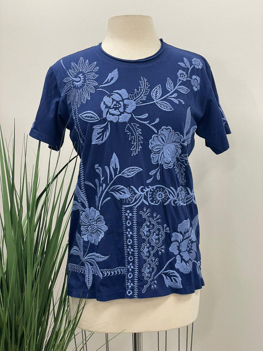 Johnny Was JWLA Style J16423 Navy Lyra Embroidered Relaxed Crew Neck Tee Boho Chic