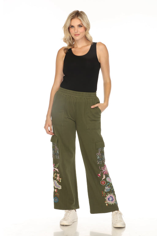 Johnny Was JWLA Style J67923 Green Pacifica Wide Leg Embroidered French Terry Cargo Pants