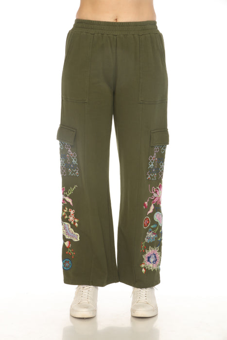 Johnny Was JWLA Style J67923 Green Pacifica Wide Leg Embroidered French Terry Cargo Pants