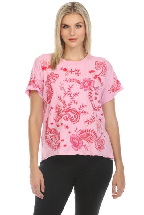 Johnny Was JWLA Style J15324 Pastel Lavender Cassia Raw Detail Embroidered Swing Tee Boho Chic