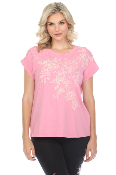 Johnny Was JWLA Style J12723 Pink Addison Embroidered Relaxed Tee Boho Chic