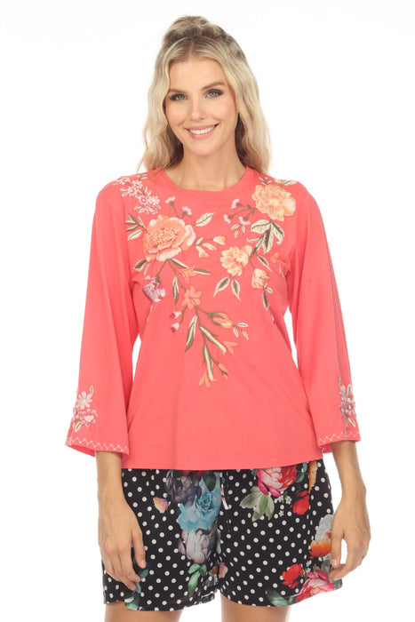 Johnny Was JWLA Style J16023 Pink Guava Vienna Embroidered Kimono Sleeve Tee Boho Chic