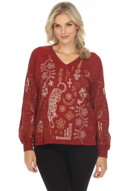 Johnny Was JWLA Pomegranate Raglan Bishop Sleeve Embroidered V-Neck Tee J17024