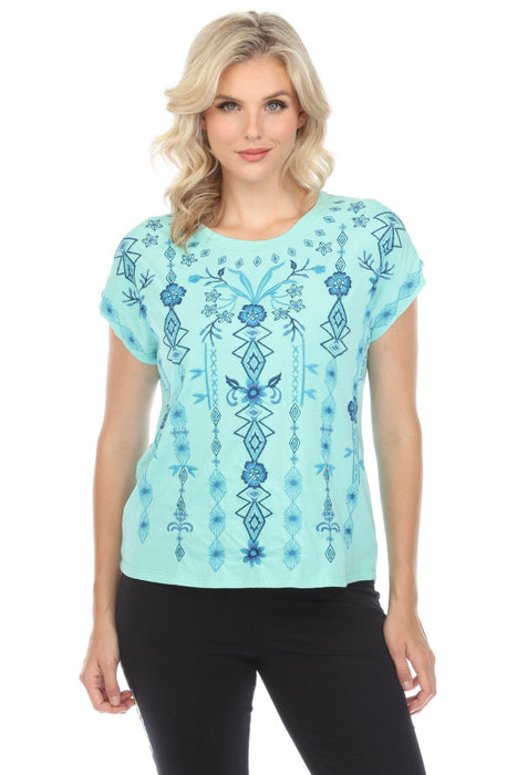 Johnny Was JWLA Style J14624 Pool Blue Taria Embroidered Relaxed Tee Boho Chic