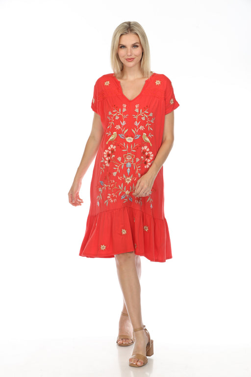 Johnny Was JWLA Style J38823 Red Clara Embroidered Trapeze Dress Boho Chic