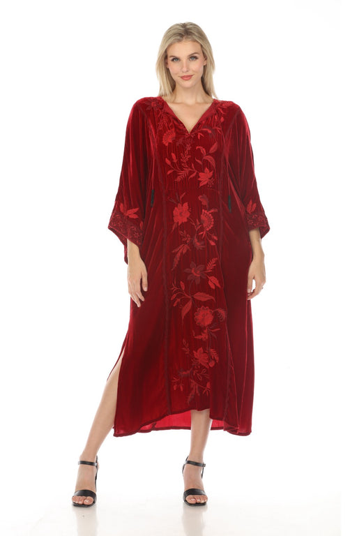 Johnny Was JWLA Style J30423-O Rich Red Junie Velvet Embroidered Kaftan Dress Boho Chic