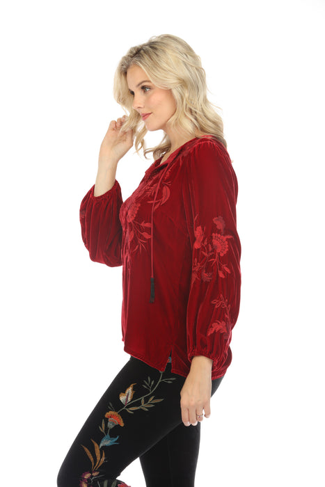 NWT Johnny Was Women's Long Sleeve Zuri Blouse Velvet Embroidered Boho Red offers Small