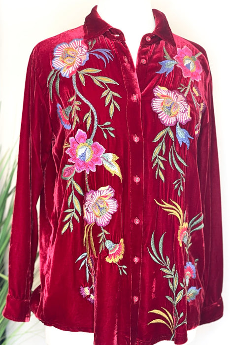 Johnny Was JWLA Style J12023 Rich Red Sidonia Velvet Embroidered Oversized Pleat Shirt