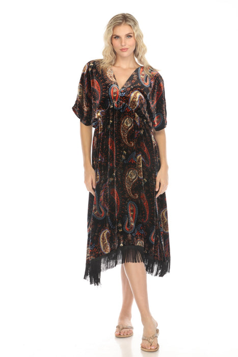 Johnny Was JWLA Style J34724 Sezana Velvet Paisley V-Neck Fringe Midi Dress