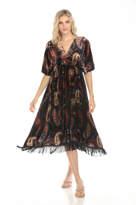 Johnny Was JWLA Style J34724 Sezana Velvet Paisley V-Neck Fringe Midi Dress