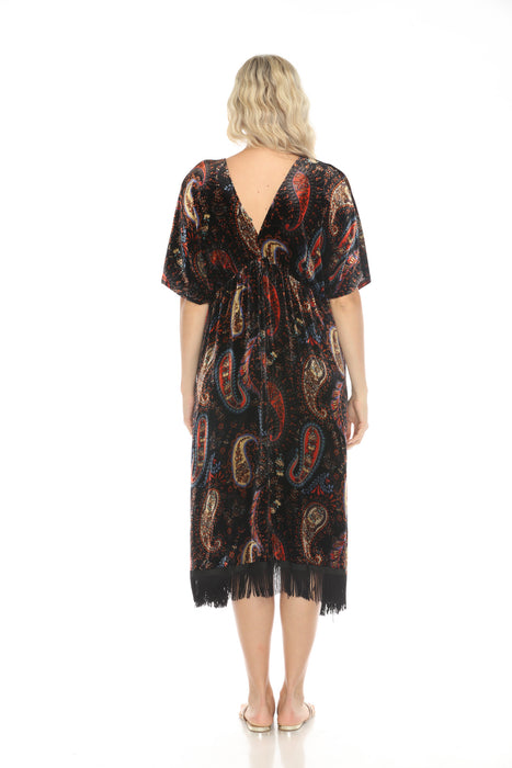 Johnny Was JWLA Sezana Velvet V-Neck Fringe Midi Dress J34724