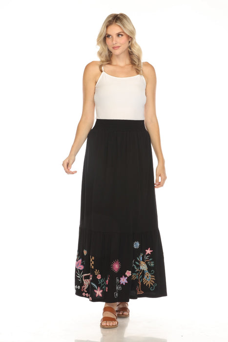 Johnny Was JWLA Style J72024 Black Embroidered Smocked Waist Maxi Skirt