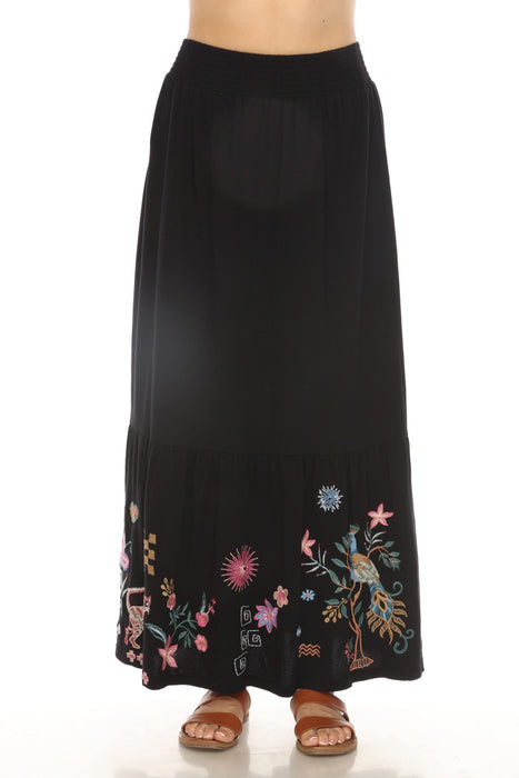 Johnny Was JWLA Style J72024 Black Embroidered Smocked Waist Maxi Skirt