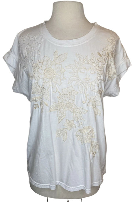 Johnny Was JWLA Style  J12723 White Addison Embroidered Relaxed Tee Boho Chic