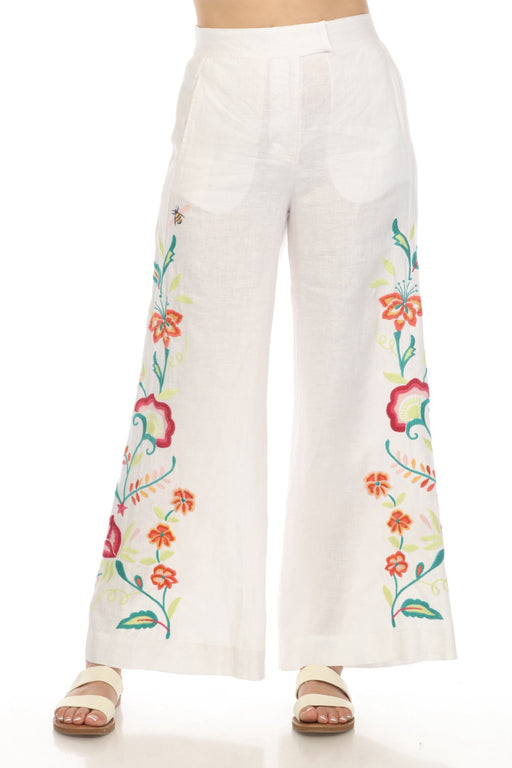 Johnny Was JWLA Style J69524 White Averi Wide Leg Embroidered Linen Pants Boho Chic