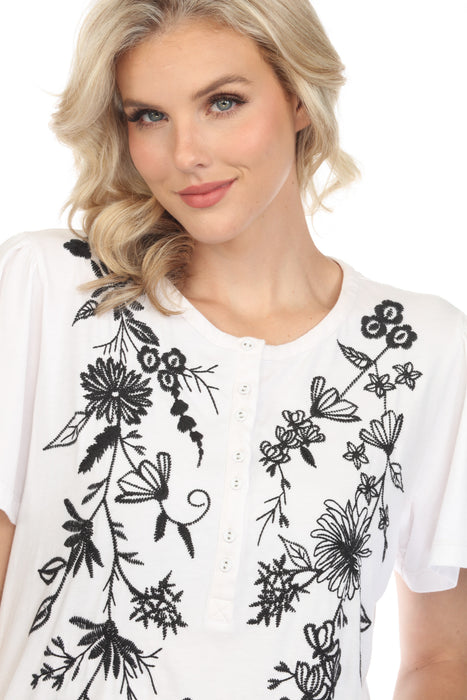 Johnny Was JWLA Domingo Flutter Sleeve Henley Embroidered Tee Boho Chic J13724 *