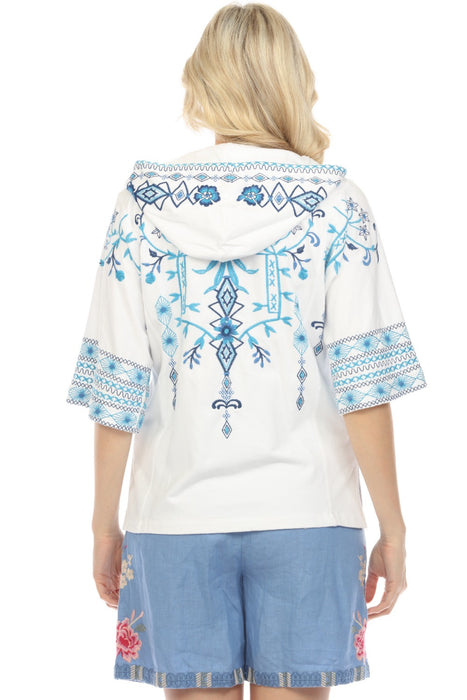 Johnny Was JWLA White Embroidered Zip Front Hooded Jacket Boho Chic J40924