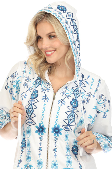 Johnny Was JWLA White Embroidered Zip Front Hooded Jacket Boho Chic J40924