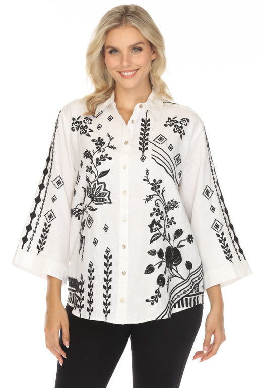 Johnny Was JWLA Style J15524 White Kimono Sleeve Embroidered Shirt Boho Chic