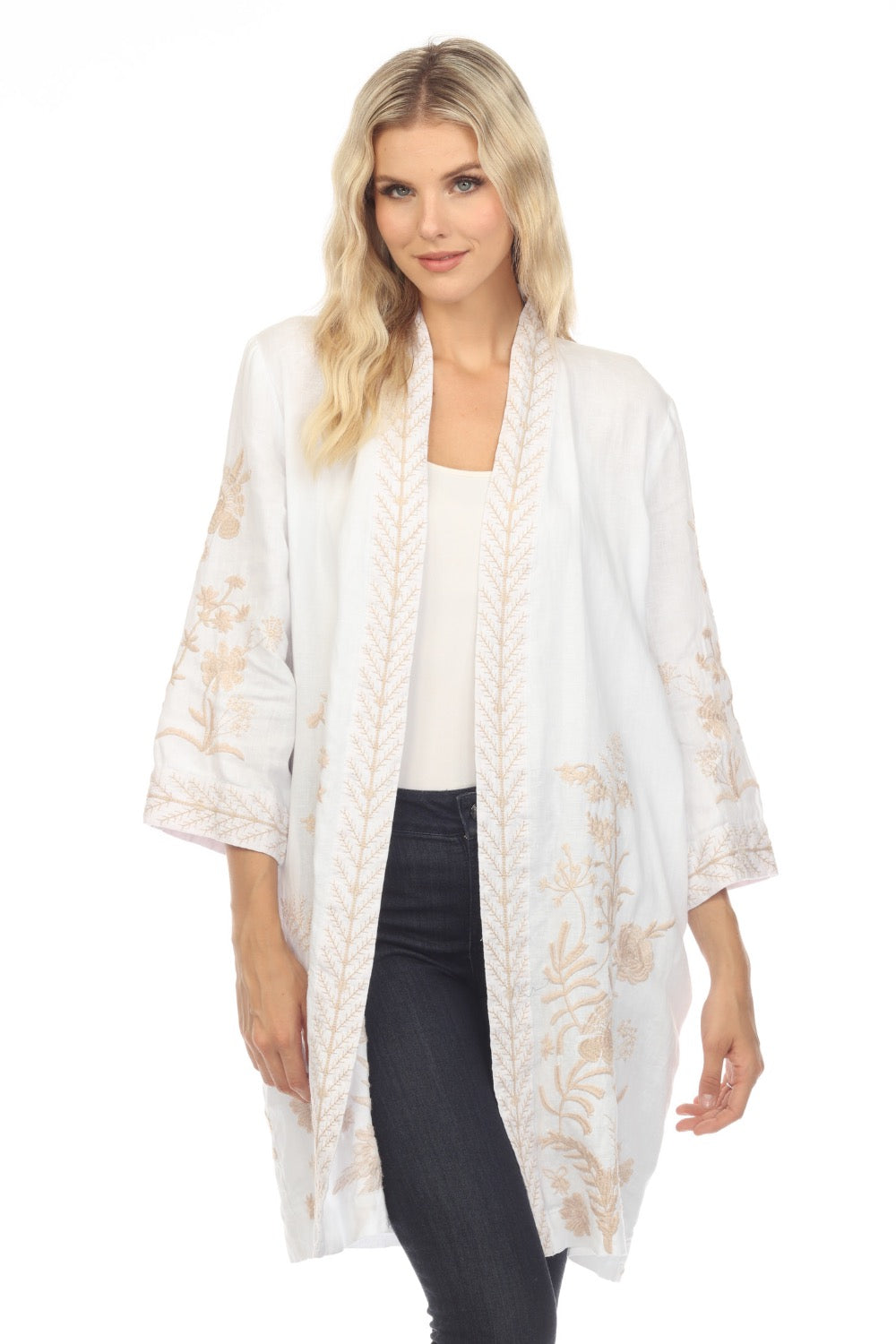 Johnny Was JWLA White Marseille Linen Embroidered Kimono Coat Boho Chi ...