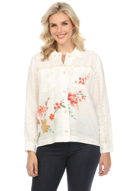 Johnny Was JWLA Style J41124 White Relaxed Linen Embroidered Jacket Boho Chic