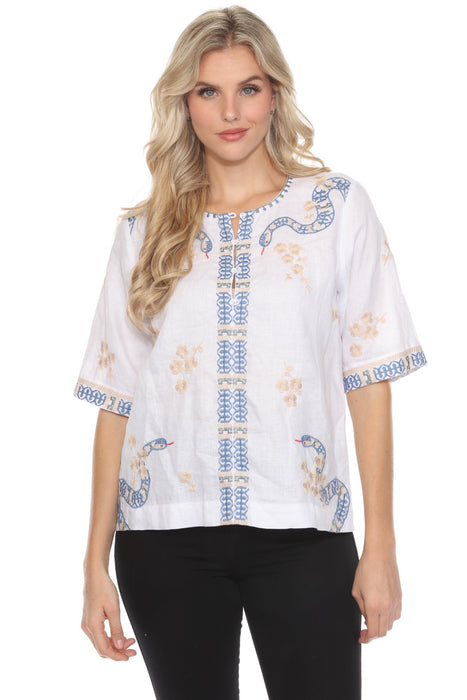 Johnny Was JWLA Style J15124 White Split Neck Button Embroidered Linen Blouse