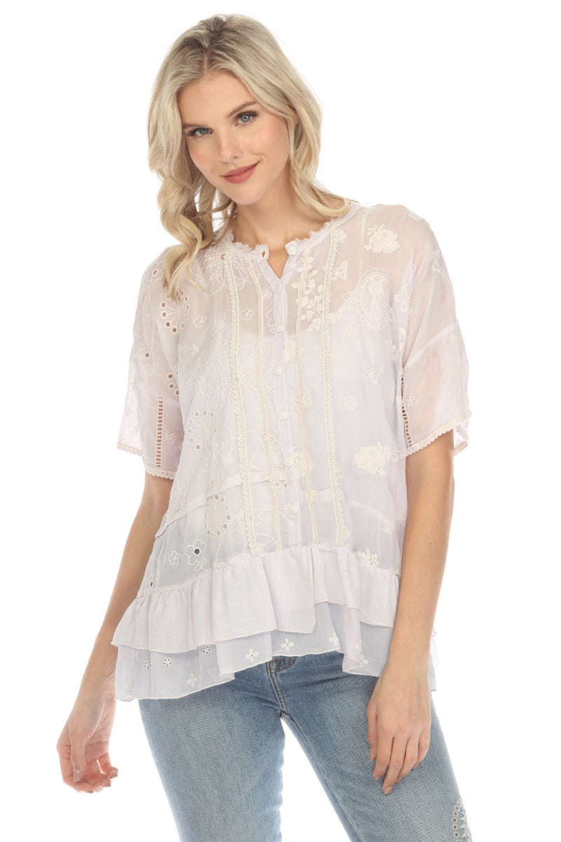 Johnny Was Blue Eyelet Lace Button Down store Blouse Top