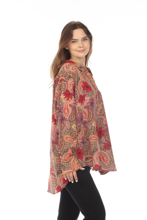 Johnny Was Love Amy Piped Silk Paisley Floral Blouse Boho Chic L18022