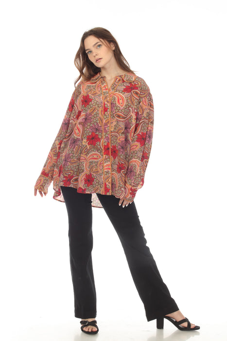 Johnny Was Love Amy Piped Silk Paisley Floral Blouse Boho Chic L18022