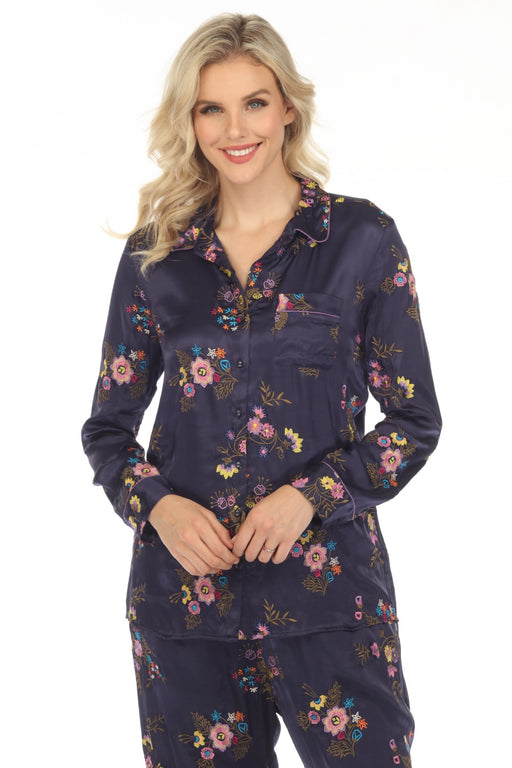 Johnny Was Love Style L12923 Blue Misty Rayon Embroidered Button Down Shirt Boho Chic