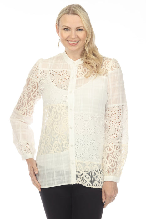 Johnny Was Love Style L16723 White Carmen Embroidered Button-Down Shirt Boho Chic