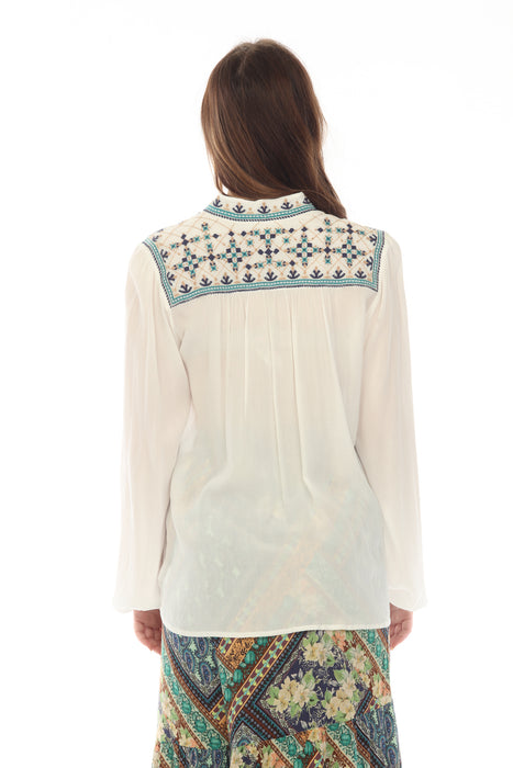 Johnny Was Love White Paola Embroidered Henley Long Sleeve Blouse Boho Chic L13722