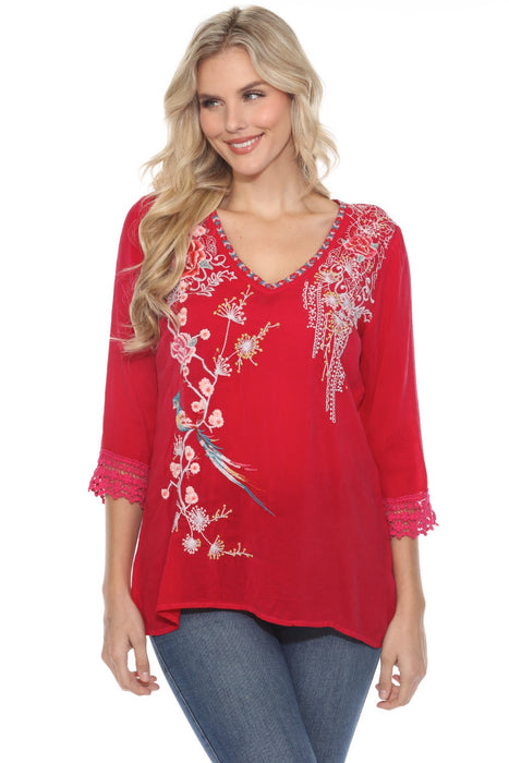 Johnny Was Style C5544 Magenta V-Neck Embroidered 3/4 Sleeve Blouse