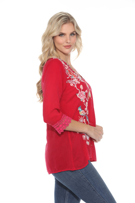 Johnny Was Magenta V-Neck Embroidered Blouse C5544