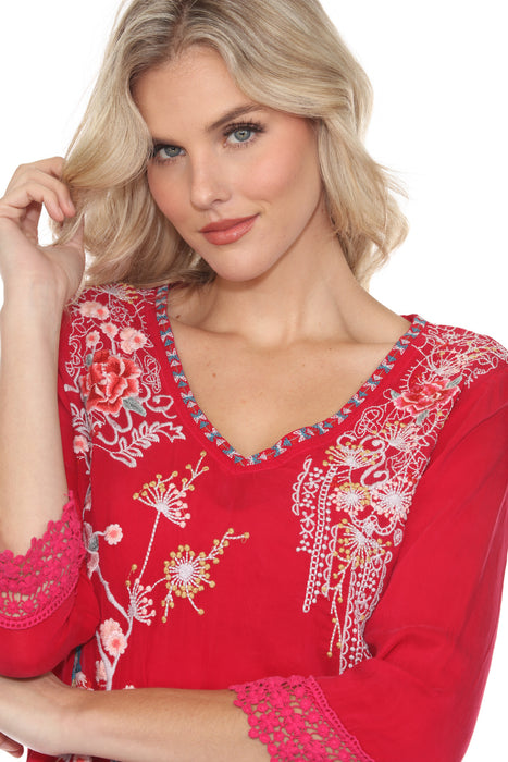 Johnny Was Magenta V-Neck Embroidered Blouse C5544