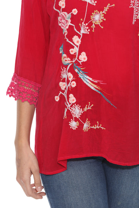 Johnny Was Magenta V-Neck Embroidered Blouse C5544