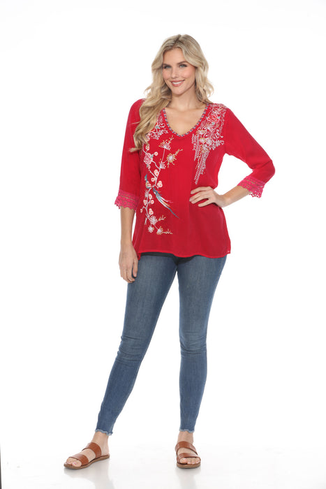 Johnny Was Magenta V-Neck Embroidered Blouse C5544