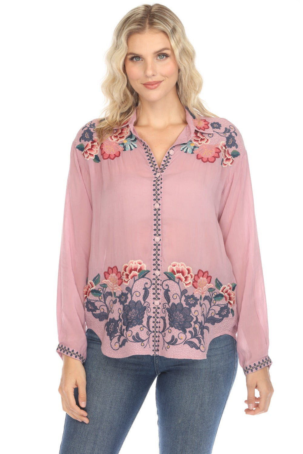 Johnny Was Pink Chrisley Blouse good Embroidered Gauzy Short Sleeve Size M