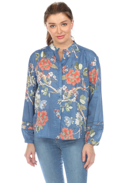 Johnny Was Style R19924 Mosaic Mandarin Collar Floral Blouse Boho Chic