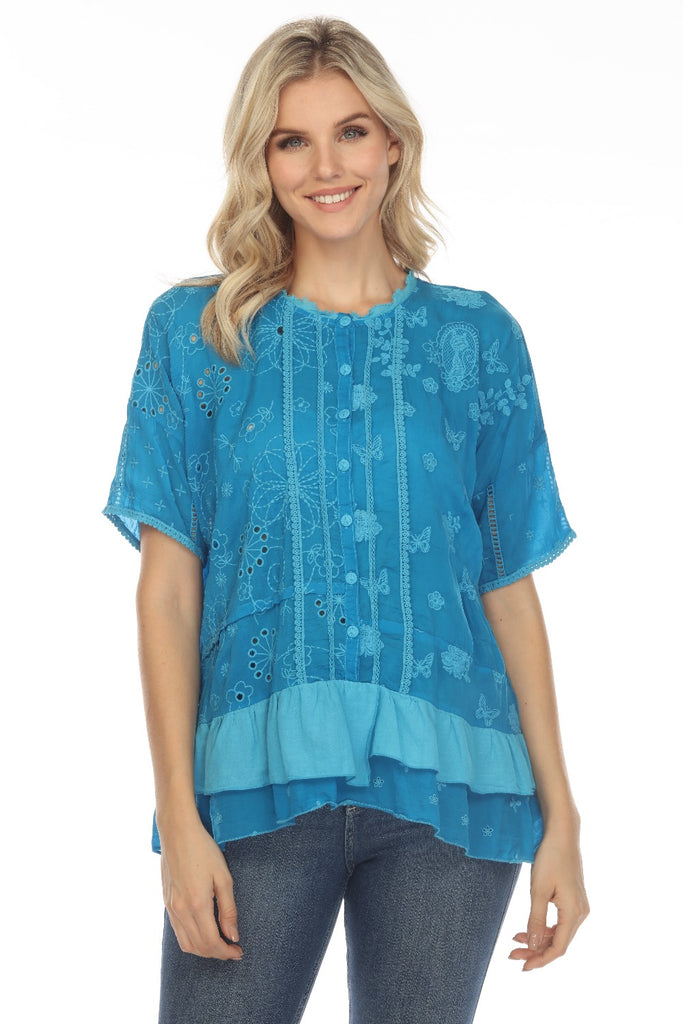 Johnny Was Blue Bohemian newest Eyelet Scalloped Trim Sleeveless Tunic Blouse XS NEW