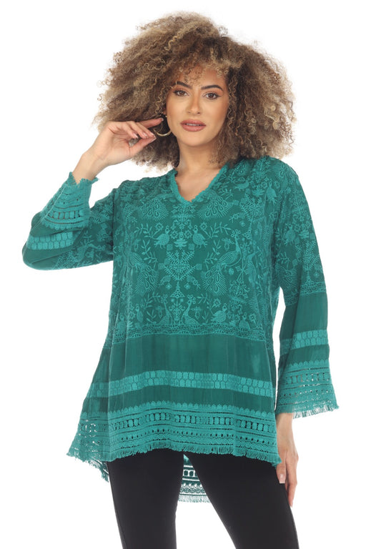 Johnny Was Style C27723 Peacock Island Embroidered Fringe Trim Tunic Top Boho Chic