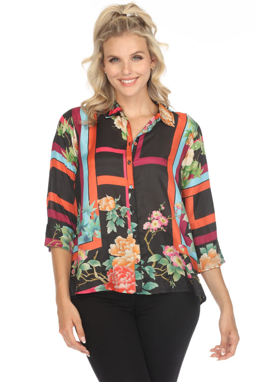 Johnny Was Style C14824 Petalunah Le Jardin Scarf Print Silk Blouse Boho Chic