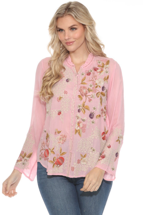 Johnny Was Style C10924 Pink Dyllan Embroidered Button-Down Blouse