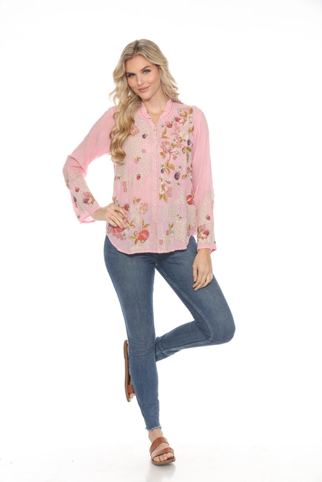 Johnny Was Pink Dyllan Embroidered Button-Down Blouse C10924