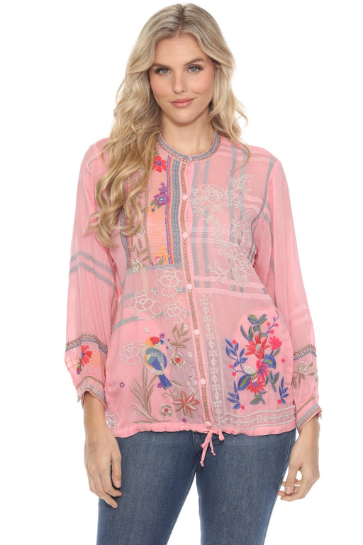 Johnny Was Style C77723 Pink Floral Embroidered Button-Down Shirt