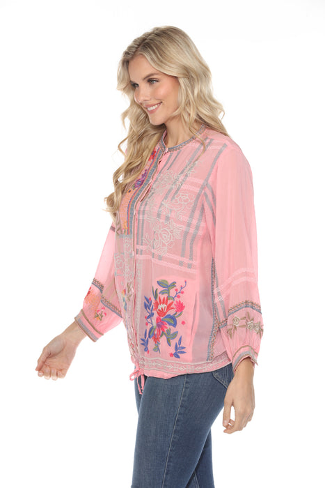 Johnny Was Pink Floral Embroidered Button-Down Shirt C77723