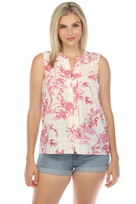 Johnny Was Style R11824 Pink Firebird Button Down Sleeveless Blouse Boho Chic